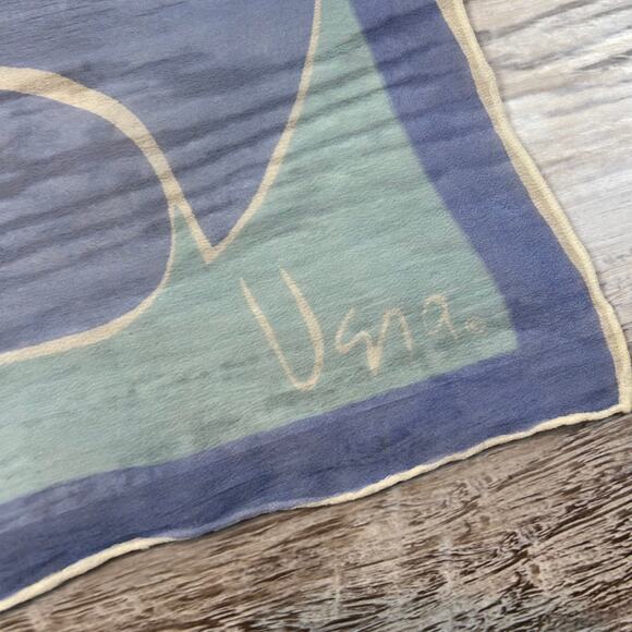 Handpainted Silk Scarf Blue Abstract Cloud Print Square Signed Una Vintage - Picture 5 of 7